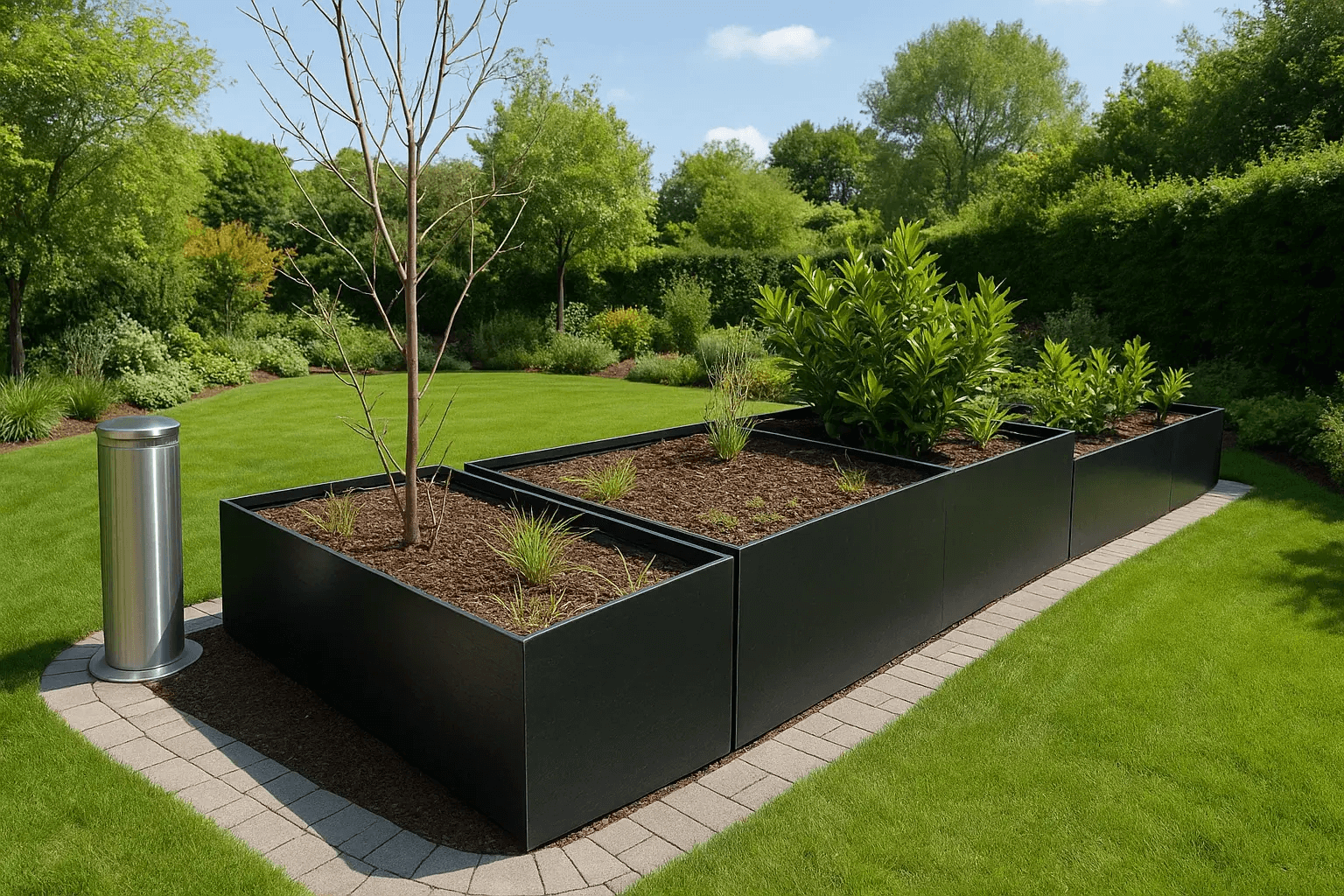 Ekologické truhlíky na míru z recyklovaných materiálů - zahrada s vyvýšenými truhlíky a zelenými rostlinami